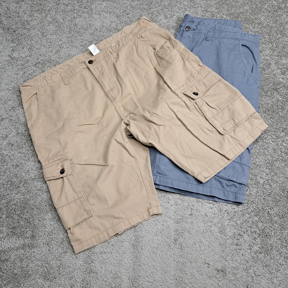 Royal Class Mens Cargo Shorts Bundle 2 Pack Khaki Tan Blue Cotton XL 42 44 Waist